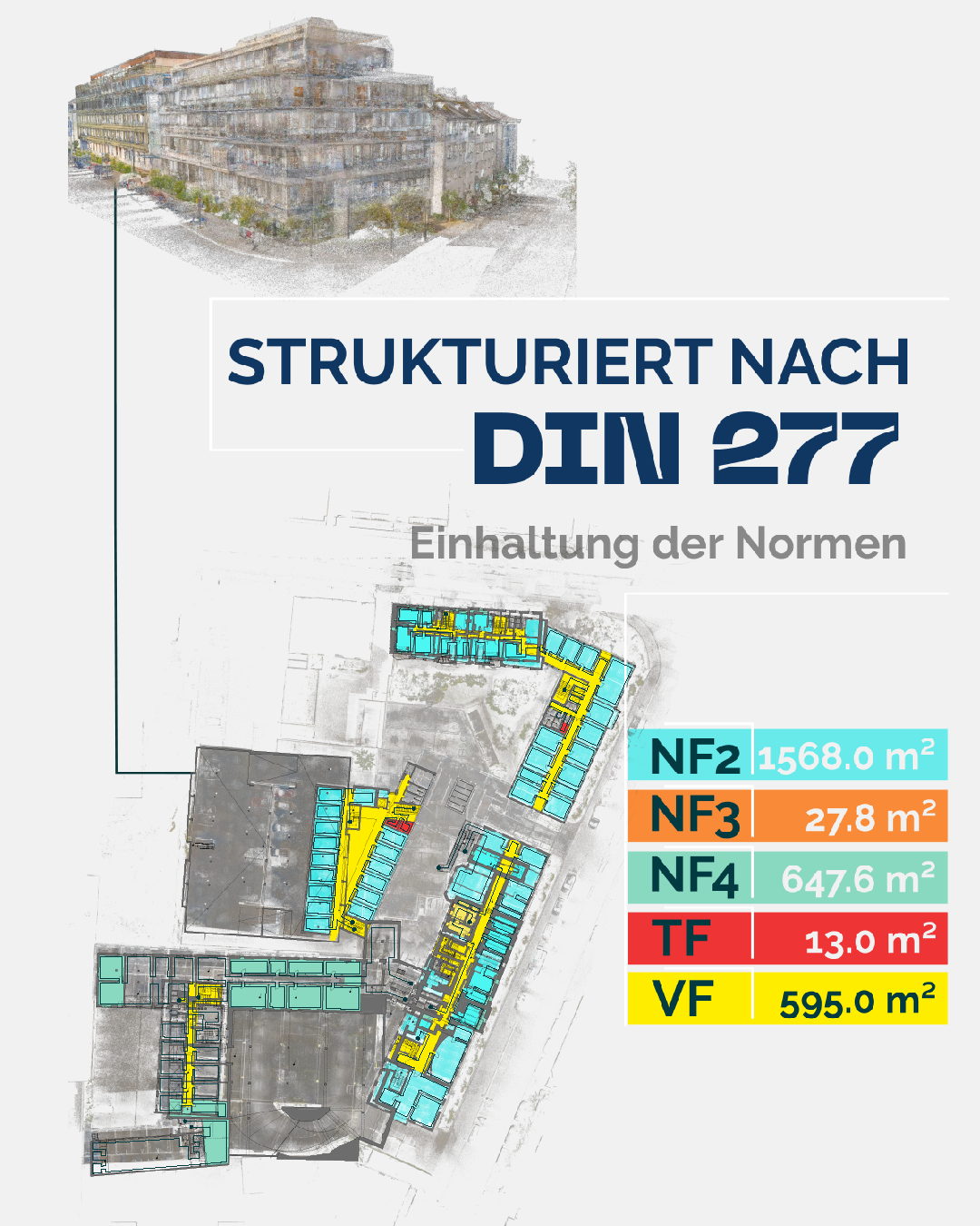 Floor plan of a storey with colour-coded room areas and a schedule of areas to DIN 277