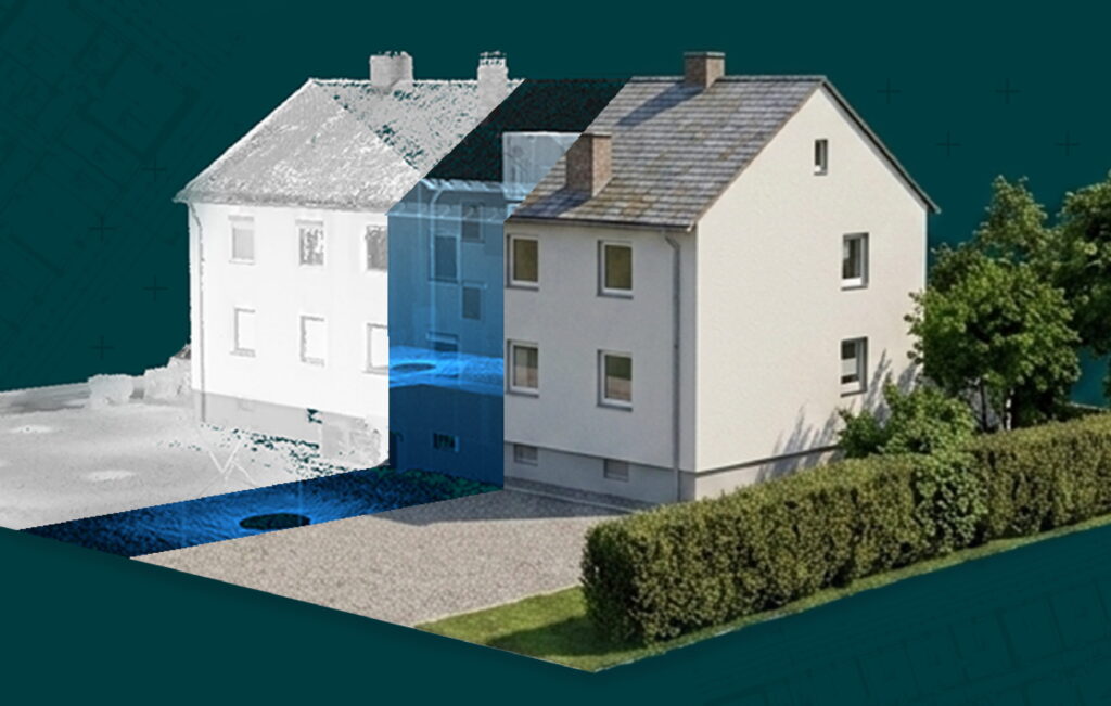 Wohnhaus zur Hälfte als graue Punktwolke, zur Hälfte als farbiges Modell