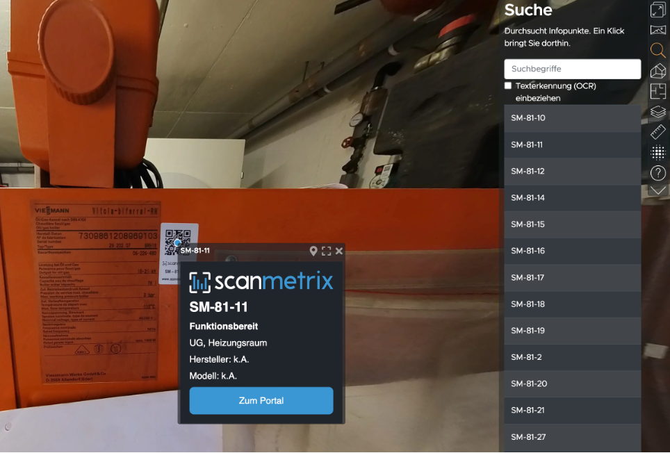39 Bildschirmfoto einer virtuellen Tour mit gesetzter Markierung an einer Heizungsanlage und geöffnetem Infofenster