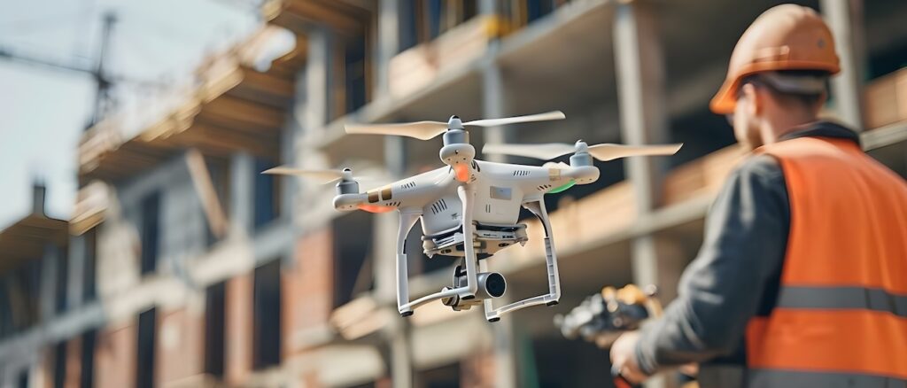 Engineer using drones for geospatial mapping in construction site aerial survey. Concept Drone Technology, Geospatial Mapping, Construction Site Surveys, Aerial Photography, Engineering Applications