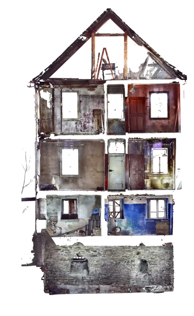 Orthophoto eines Gebäudeschnitts, drei Geschosse und der Dachstuhl übereinander sichtbar