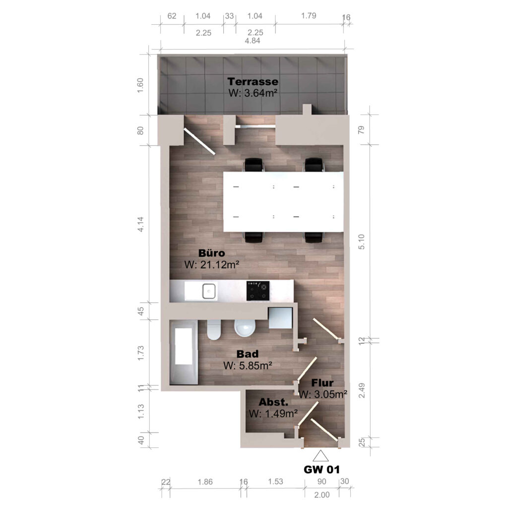 Gerenderter 3D-Grundriss der Einheit GW 01 mit Büroraum, Bad, Flur, Abstellraum und Terrasse inklusive Flächenangaben.
