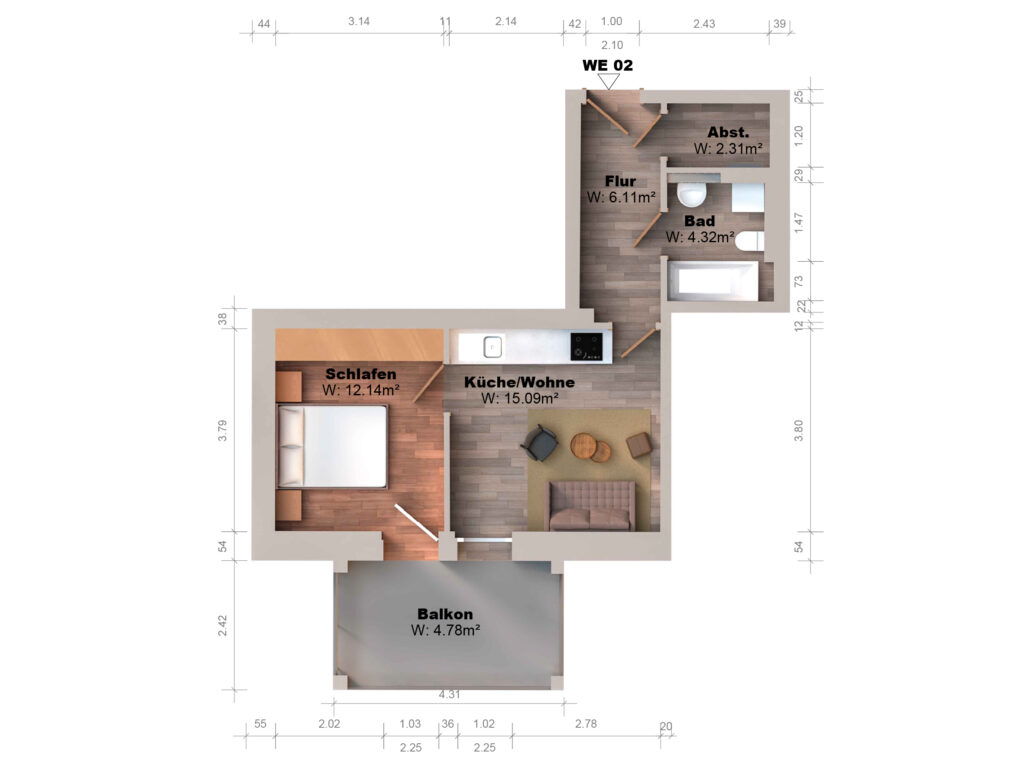 Gerenderter 3D-Grundriss der Wohnung WE 02 mit Schlafzimmer, Küche-Wohnen, Bad, Flur, Abstellraum und Balkon inklusive ausgewiesener Wohnflächen.