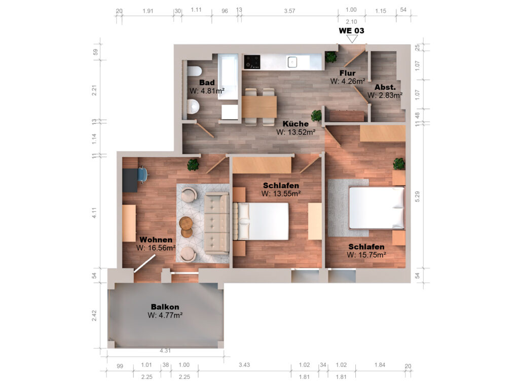 Gerenderter 3D-Grundriss der Wohnung WE 03 mit drei Zimmern, Küche, Bad, Flur, Abstellraum und Balkon inklusive ausgewiesener Wohnflächen.