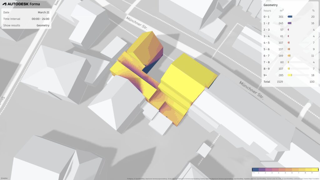 Simulation der Besonnungsdauer am 21. März an einem Wohnprojekt, farbig von Gelb (viele Stunden) bis Blau (unter einer Stunde)