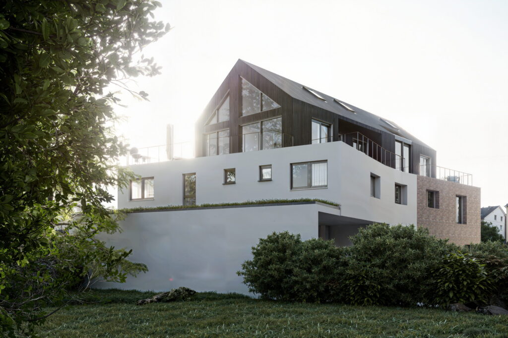 besonnungsstudie-visualisierung-mittag Dieselbe Ansicht im Gegenlicht: die Sonne steht hinter dem Satteldach, die Fassade liegt im diffusen Licht ohne harte Schatten.