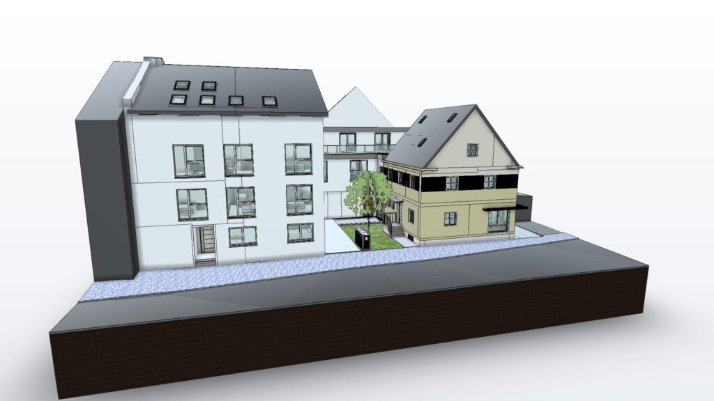 bim-bestandsmodell-hofensemble-ansicht Bestandsmodell eines Hofensembles in der Strassenansicht: dreigeschossiges Wohnhaus mit Gauben, daneben ein Fachwerkbau, dazwischen der gepflasterte Hof.