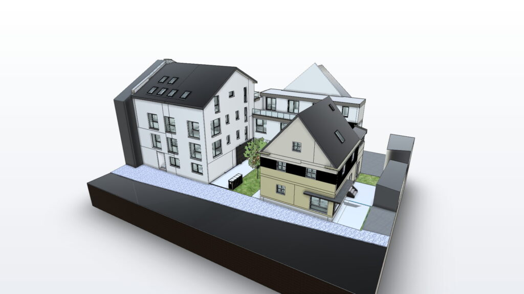 Dasselbe Hofensemble schraeg von oben: Dachflaechen, Hoflage und Nachbarbebauung als Bauteilmodell.