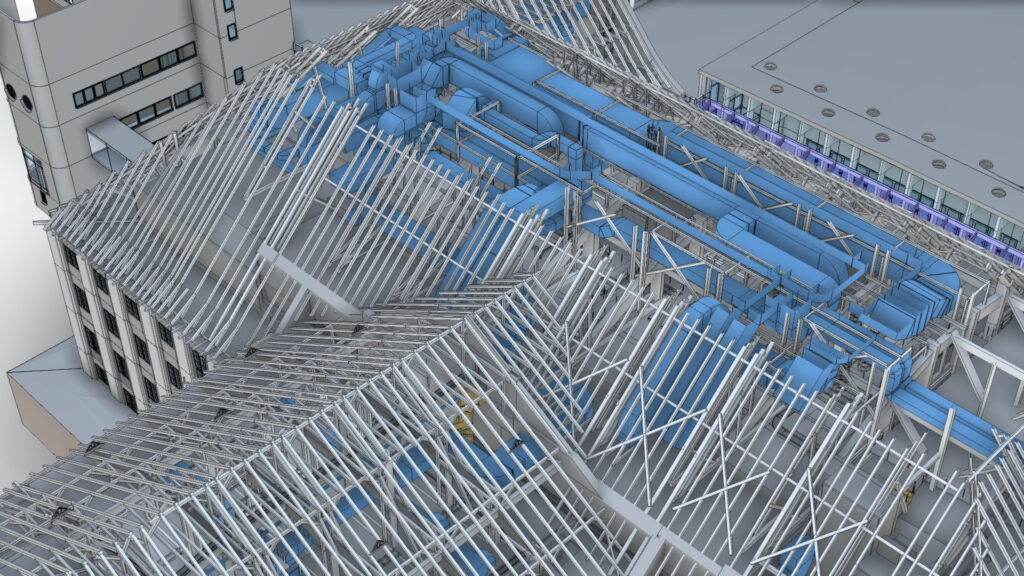 bim-fachmodell-dachstuhl-lueftung Fachmodell im Dachstuhl: das Sparrenwerk grau, die Lueftungskanaele und Formstuecke blau abgesetzt.