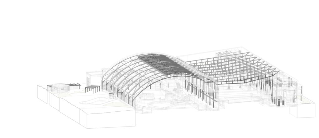 Tonnendach einer Halle als Tragwerksmodell, Binder und Pfetten im Drahtgitter
