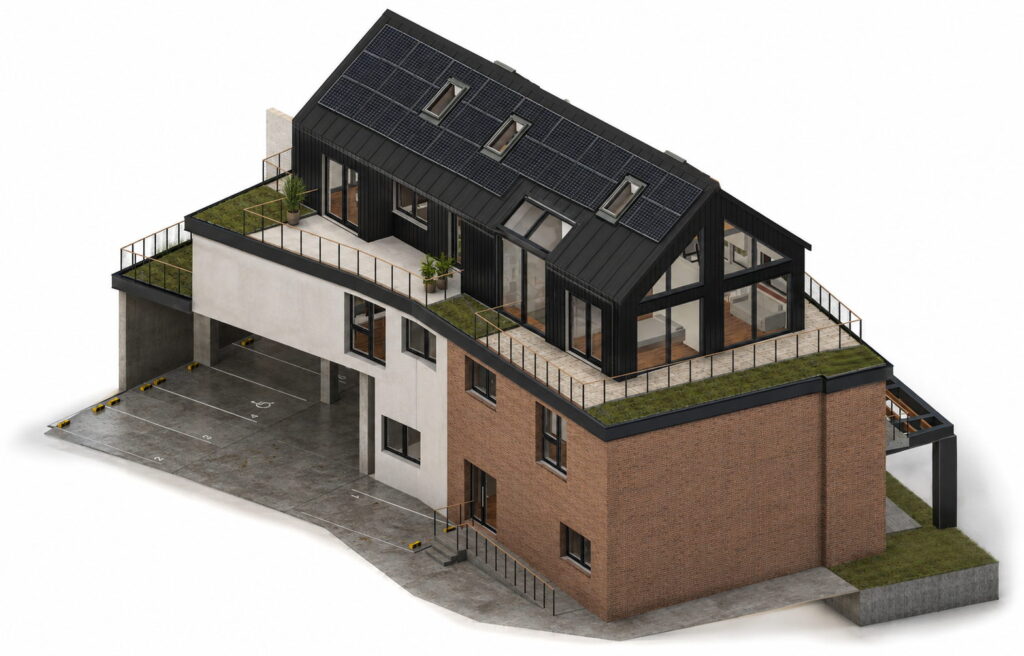 gebaeudevisualisierung-isometrie Isometrie eines umgebauten Bestandsgebäudes: Backsteinsockel, begrünte Dachterrasse und ein schwarz verkleidetes Satteldach mit Photovoltaik.