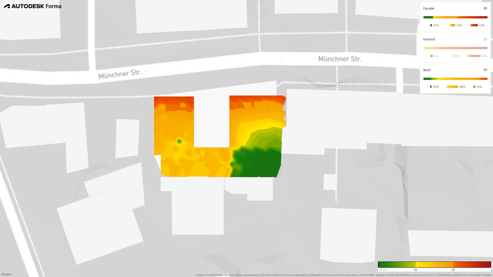 Plan view of the noise simulation: red on the outside along the road, green towards the inner courtyard