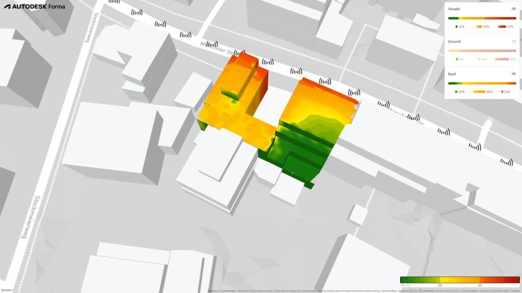 Simulation des Verkehrslärms an einem Wohnprojekt an der Hauptstraße, Pegel farbig auf Fassaden und Dächern