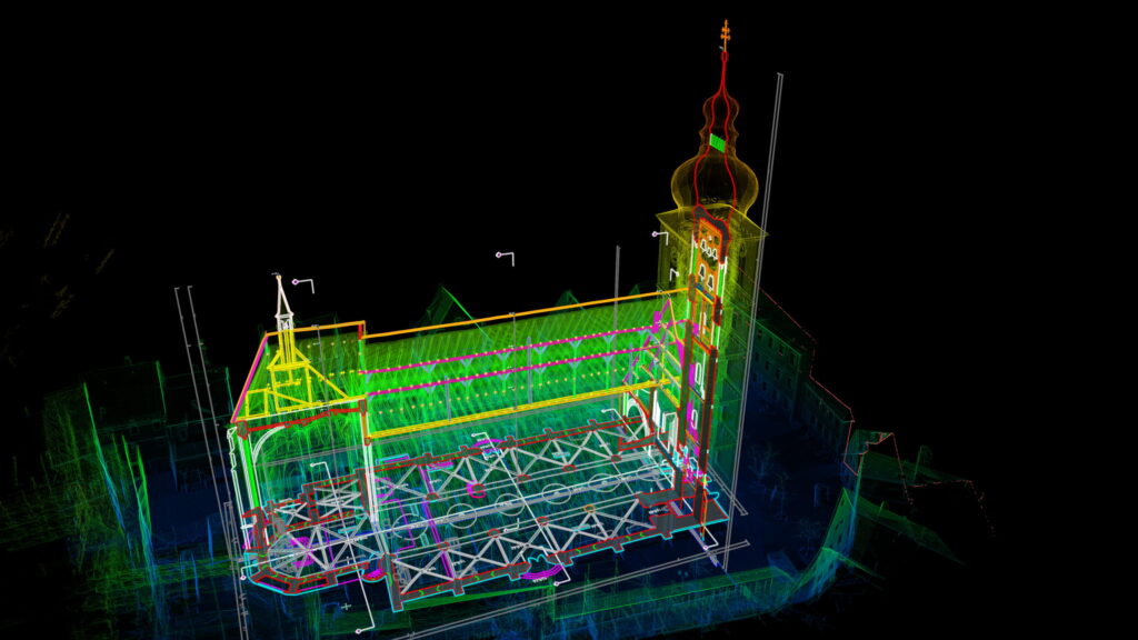punktwolke-cad-modell-kirche-isometrie Kirchenschiff isometrisch: die Punktwolke farbig nach Hoehe, darueber die gezeichneten CAD-Kanten.