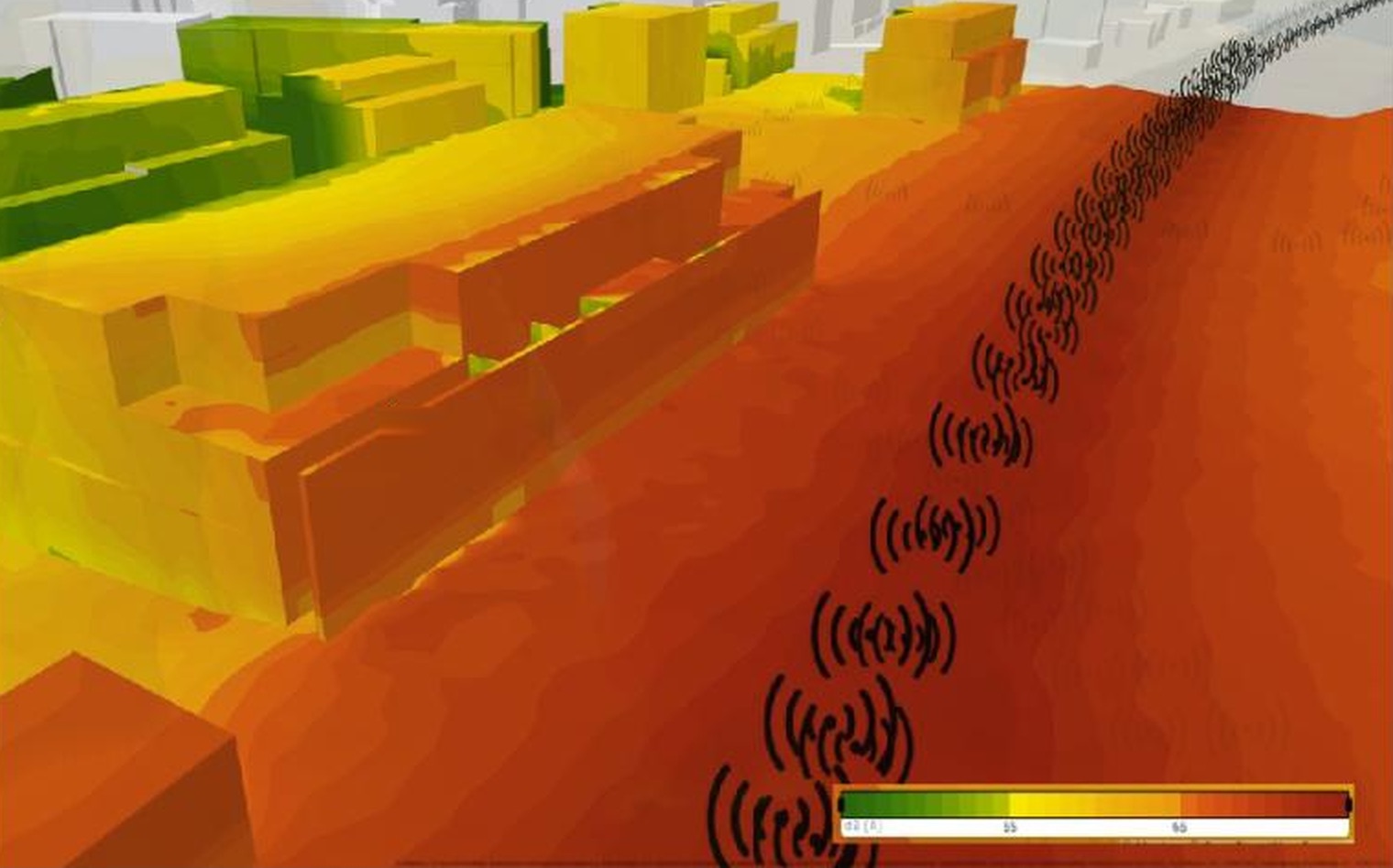 Simulation der Lärmbelastung, Fassadenpegel farbig dargestellt