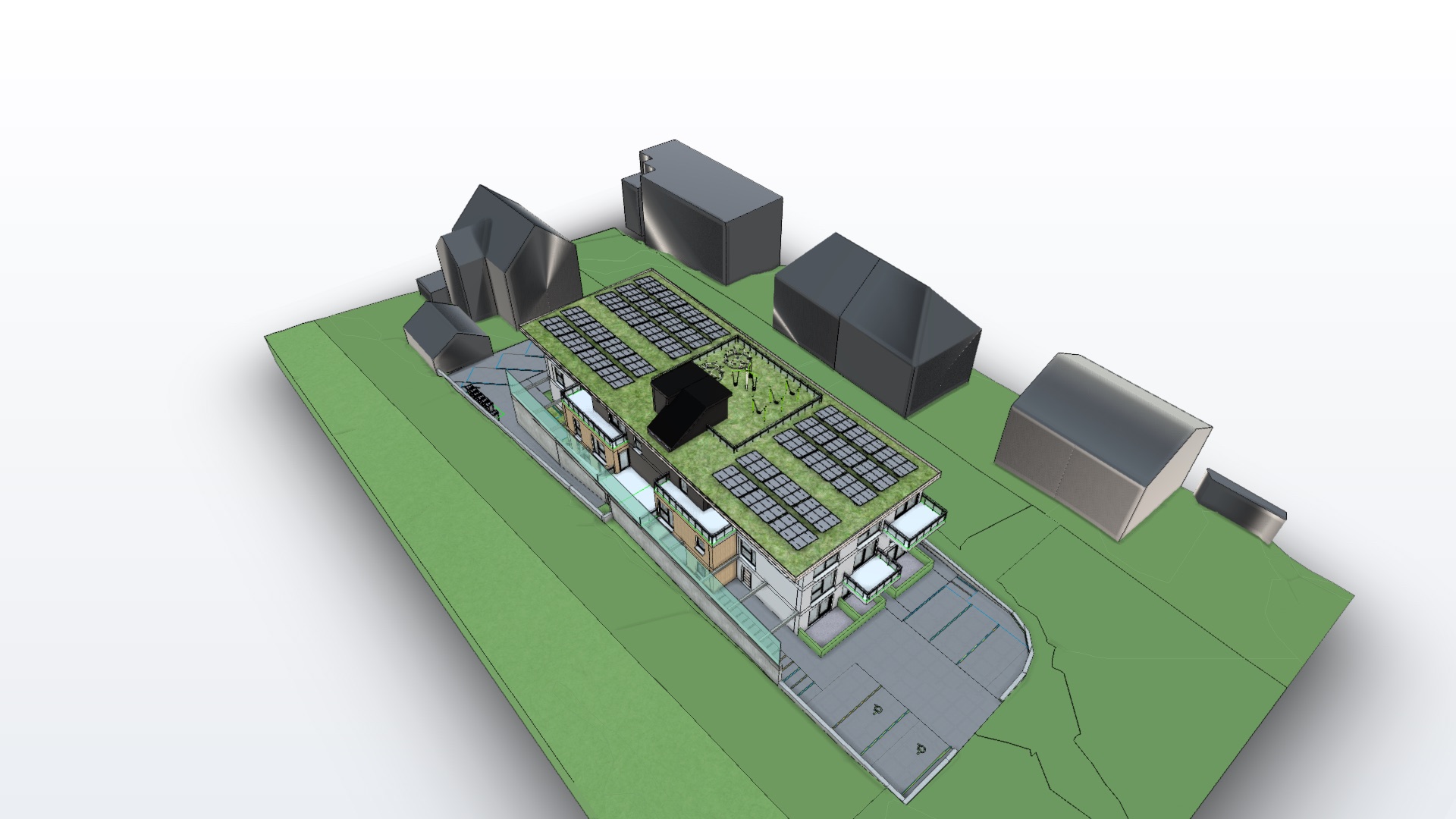 Lage des Gebäudes an der Bahntrasse im 3D-Modell, Abschirmung hervorgehoben