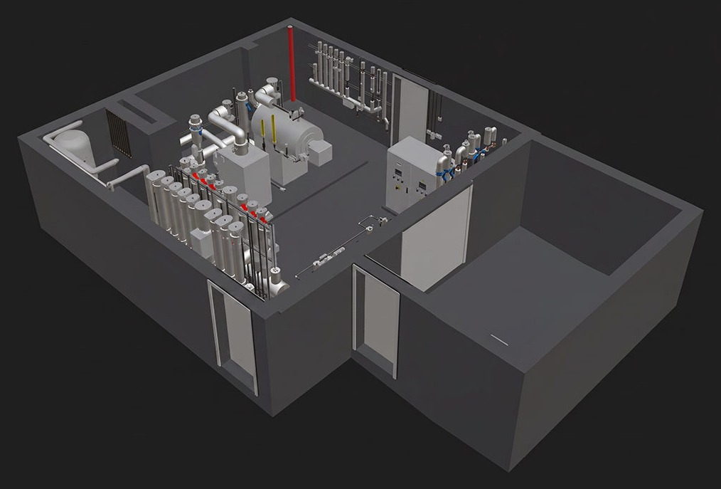 tga-technikzentrale-modell Technikzentrale als Modell von schraeg oben: Kessel, Pumpengruppen, Verteiler und Schaltschrank im aufgeschnittenen Raum.