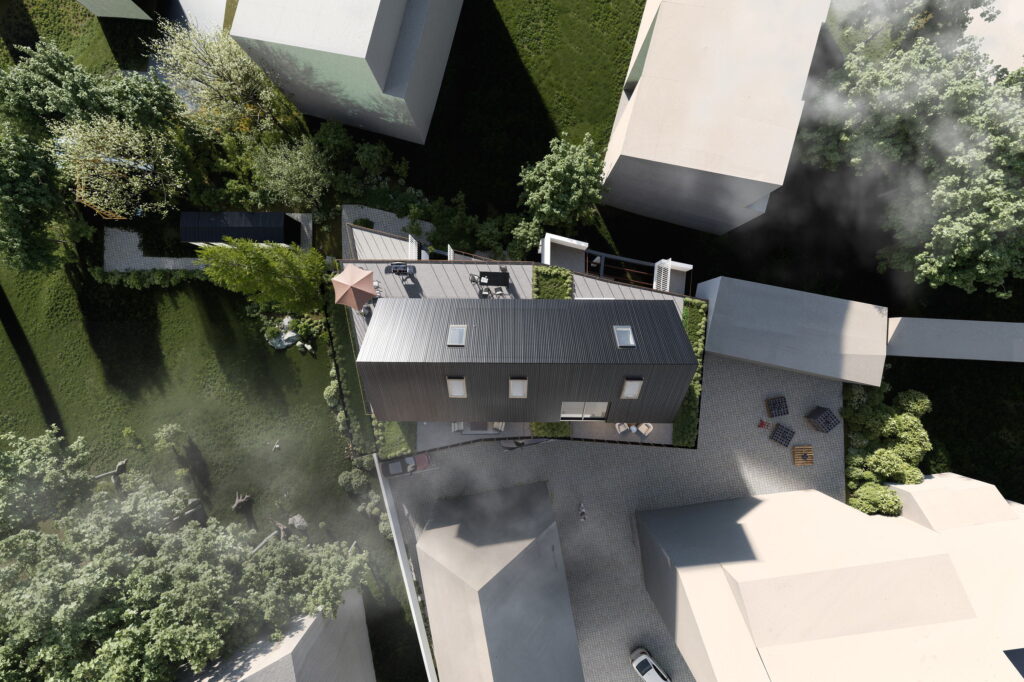 visualisierung-dach-draufsicht Visualisierung in der Draufsicht: Stehfalzdach mit Dachflächenfenstern, daneben eine möblierte Dachterrasse, die Nachbarhäuser weiß gehalten.