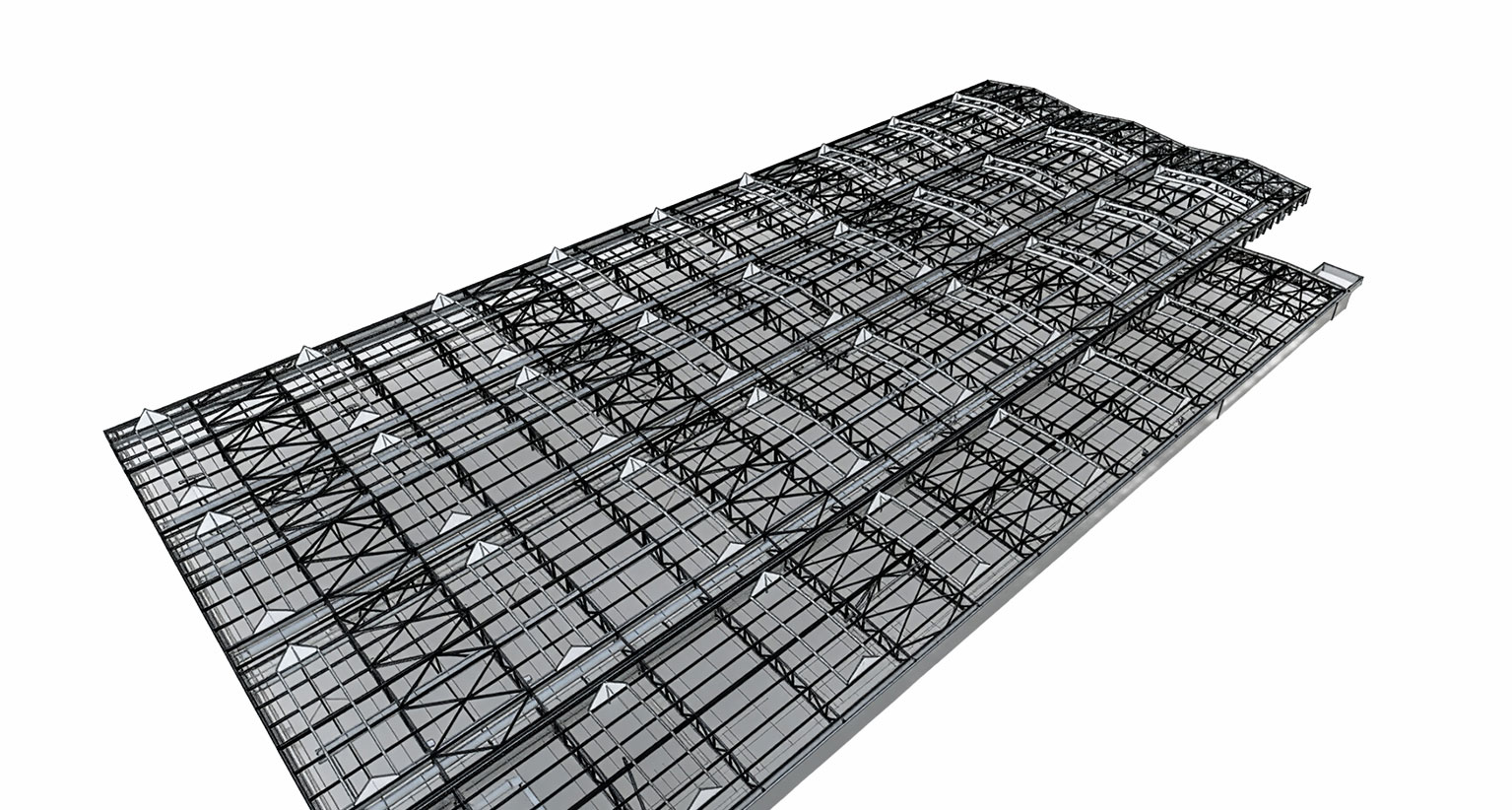 Freigestellte Deckenebene des Bestandsmodells mit Stahltragwerk und Leitungen